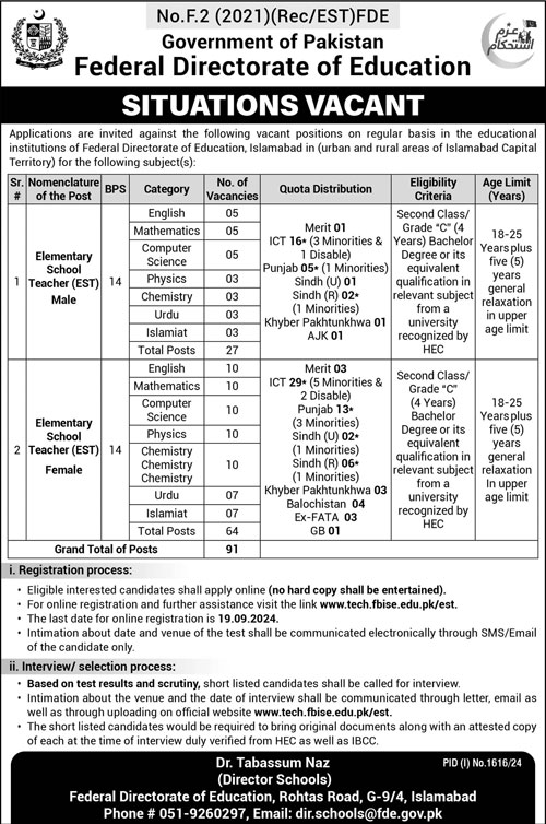 Federal Directorate Of Education FDE Islamabad job 2024